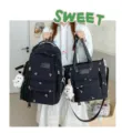 Joli sac à dos en toile et fourre-tout pour filles, grande capacité style collège loisir. - Ensemble Deux Pièces Avec Pendentif / Noir