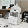 Witte rugzak met sterrenprint, voorvak van gaas en schattig pluche dier voor school en reis. - Hangerstijl / Wit
