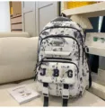 Zaino di grande capacità in stile cinese per studenti, elegante borsa con stampa paesaggio. - senza ciondolo / Nero
