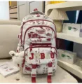 Zaino scolastico in stile cinese per ragazze, zaino casual di grande capacità per studenti - Coniglio Volante / Rosso