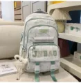 Zaino scolastico di grande capacità per studenti, stampa di paesaggio in stile cinese verde, tasche. - Coniglio Volante / Verde