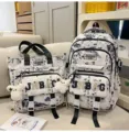 Set zaino e borsa tote stile cinese con stampa a inchiostro e ciondolo coniglio di peluche. - Set di Due Pezzi + Ciondolo Coniglio Volante / Nero