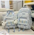 Zaino scolare blu stile cinese con stampa nuvole e borsa abbinata con simpatici ciondoli di peluche. - Set di Due Pezzi + Ciondolo Coniglio Volante / Blu