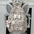 Cute leopard print school backpack for teen girls, trendy Japanese style casual daypack. - With Pendant / L / Khaki