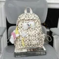 Cute leopard print canvas backpack with plush bunny pendant casual student school bag - With Pendant / S / Yellow