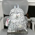 Cute Japanese leopard print backpack with plush bow and toy pendant for girls school travel. - With Pendant / S / Blue