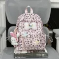 Cute pink leopard print backpack with plush bow and cute bunny charm for school use. - With Pendant / S / Pink