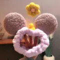 Cute plush Mickey ears headband for washing face, soft fleece hair band with yellow flower decor. - Dusty Pink