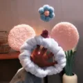 Cute fluffy face wash headband with pink ears and cute flower top, soft plush cartoon hair band. - Sky Blue