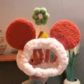 Cute plush makeup headband featuring red round ears, soft fuzzy hair band for face washing. - Red