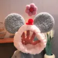 Cute plush Mickey ears headband for face washing, soft coral fleece makeup hair band for women. - Gray