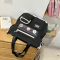 Borsa tote in tela nera con finestra trasparente e spille carine per la scuola. - Nero (Senza Ciondolo)