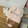 Borsa tote in tela rosa con finestra trasparente, tasche frontali e simpatici badge per studenti. - Rosa (Senza Ciondolo)