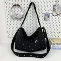 Retro black polka dot corduroy shoulder bag, casual large capacity crossbody tote for women. - Black (No Pendant)