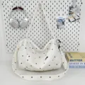 White polka dot corduroy shoulder bag, vintage casual large capacity crossbody tote bag for women. - White (No Pendant)