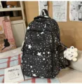 Japanese style black star print school backpack with multi pockets and cute plush pendant. - Large With Pendant / Black
