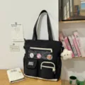 Borsa a tracolla nera in tela con tasca trasparente, stile carino casual per studenti. - Nero Con Pendente A Coniglio