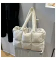 Puffy quilted tote bag for women, soft cloud pillow shoulder bag, versatile casual handbag. - No Pendant / White