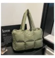 Green quilted padded tote bag, soft puffer pillow shoulder bag with double handles for women. - No Pendant / Green