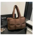 Brown quilted puffer tote bag, soft padded shoulder pillow bag, stylish casual handbag for women. - No Pendant / Brown