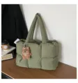 Olive green quilted puffer tote bag soft padded pillow handbag with cute bear pendant for women. - With Pendant / Green