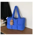 Blue quilted puffer tote bag soft padded shoulder pillow bag with cute bear pendant for women - With Pendant / Blue