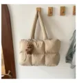 Beige quilted puffer tote bag soft cotton padded shoulder bag with cute fluffy bear pendant. - With Pendant / Khaki