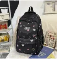 Cute aesthetic school backpack casual travel daypack for teen girls with sweet print - Black (No Pendant)