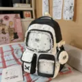 Sweet lace ita backpack for school girls, trendy cute star print bookbag with transparent display pocket. - No Pendant / Black