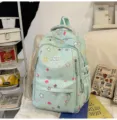Lightweight cute school backpack for students, trendy green casual daypack with multiple pockets. - Green (Without Pendant)