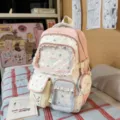 Cute pink lace ita bag backpack for school girls, sweet aesthetic star pattern casual daypack. - No Pendant / Pink