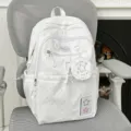 White star pattern casual student school backpack with multi pockets and cute pendant. - No Pendant / White