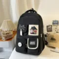 Black canvas school backpack with multiple front pockets cute badges and transparent window - No Pendant / Black