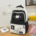 Zaino scolastico carino a pois neri e bianchi con ricamo di gatto per l'uso quotidiano - senza ciondolo / Nero