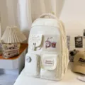 Casual canvas backpack for women, cute multi-pocket school bookbag with badges. - No Pendant / White