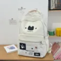 Zaino per studenti a pois in stile dolce con ricamo gatto e tasche multiple per uso quotidiano - senza ciondolo / Bianco