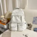 Korean ins style star print school backpack sweet aesthetic student multi-pocket book bag - Gray (Without Pendant Stars)