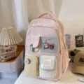Pink colorblock school backpack for girls student casual daypack multi-pocket multi-functional book bag - No Pendant / Pink