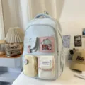 Light blue multi-pocket canvas school backpack with cute pink and yellow color block design. - No Pendant / Blue