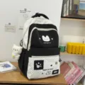 Zaino per studenti a pois bianco e nero carino con toppa di gatto e ciondolo per l'uso scolastico. - con portachiavi / Nero