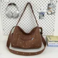 Retro brown corduroy polka dot shoulder bag, casual large capacity commuter crossbody bag. - Brown (No Pendant)