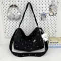 Retro corduroy rivet underarm bag for women, casual hobo shoulder bag with cute bear pendant. - Black With Charm