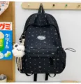 Black Japanese style polka dot backpack with bowknot and cute bear pendant for daily school use. - With Charm / L / Black