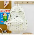 White polka dot bow print backpack with cute bear pendant, stylish Japanese school bag - With Charm / L / Beige