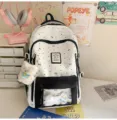 Cute white polka dot canvas backpack with clear front pocket sweet student school bookbag - Black + Bow Bone + Greedy Bear
