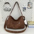 Vintage corduroy shoulder bag for women, large capacity polka dot crossbody tote aesthetic. - Brown With Charm