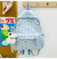 Light blue cute polka dot school backpack with bow prints, stylish student casual daypack. - With Charm / S / Blue