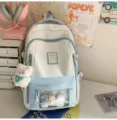 Sweet ins style polka dot pain backpack with transparent front pocket and cute bear. - Blue + Bow Bone + Greedy Bear