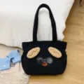 Cute corduroy lunch bag for women, black cartoon dog design handbag with fluffy ears. - Black