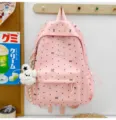 Pink Japanese style simple school backpack with cute bow dot print and plush pendant for daily use. - With Charm / L / Pink